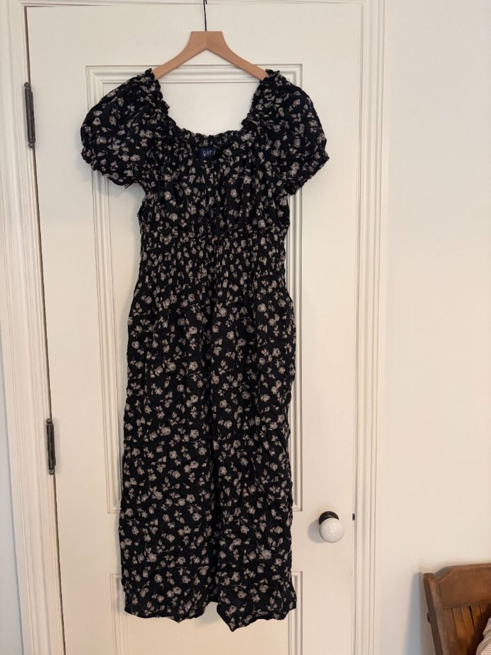 GAP Black Floral Smocked Midi Dress